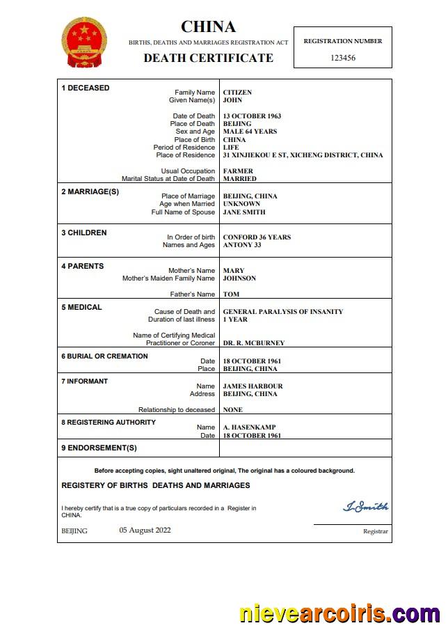China vital record death certificate
